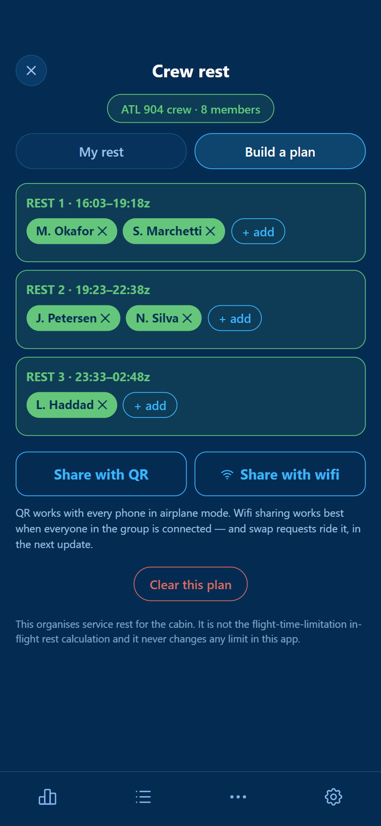 Building the plan: three rest blocks with crew names added to each as removable chips, then two share buttons &mdash; share with QR and share with wifi &mdash; and a note that this organises service rest and is not the flight-time-limitation in-flight rest calculation.